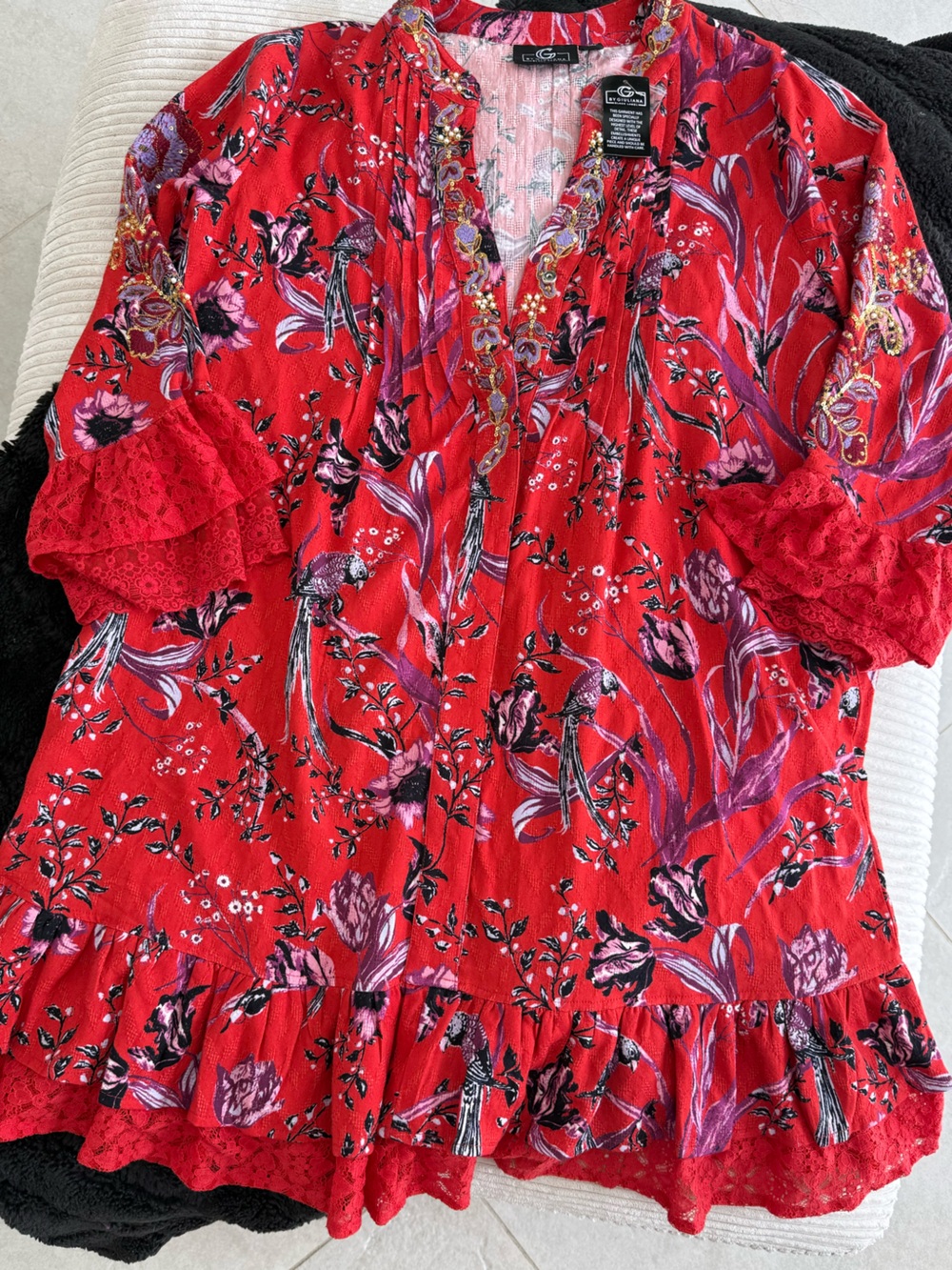G by Giuliana Red Floral Midi Dress with Purple & Pink Accents